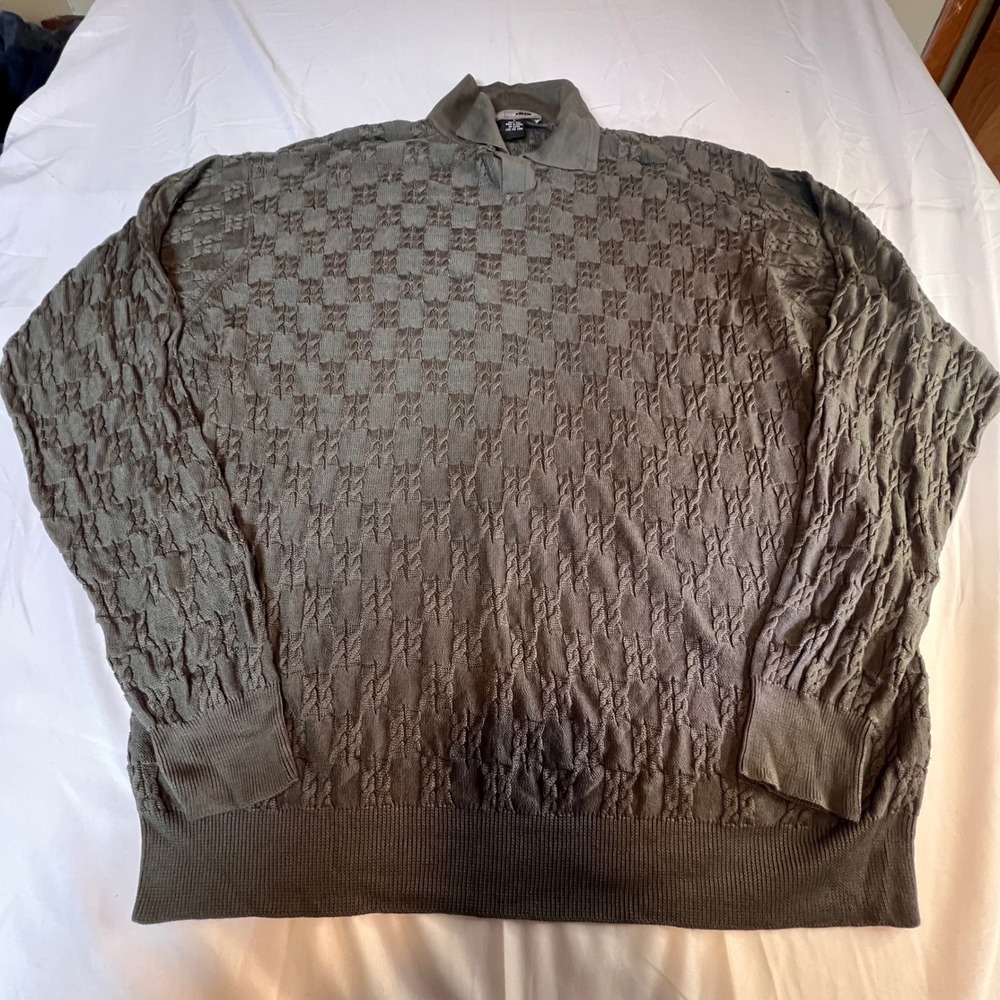 Cullen Large Silk Polo Sweater Mens Olive Green Checkerboard‎ Cable Knit Luxury